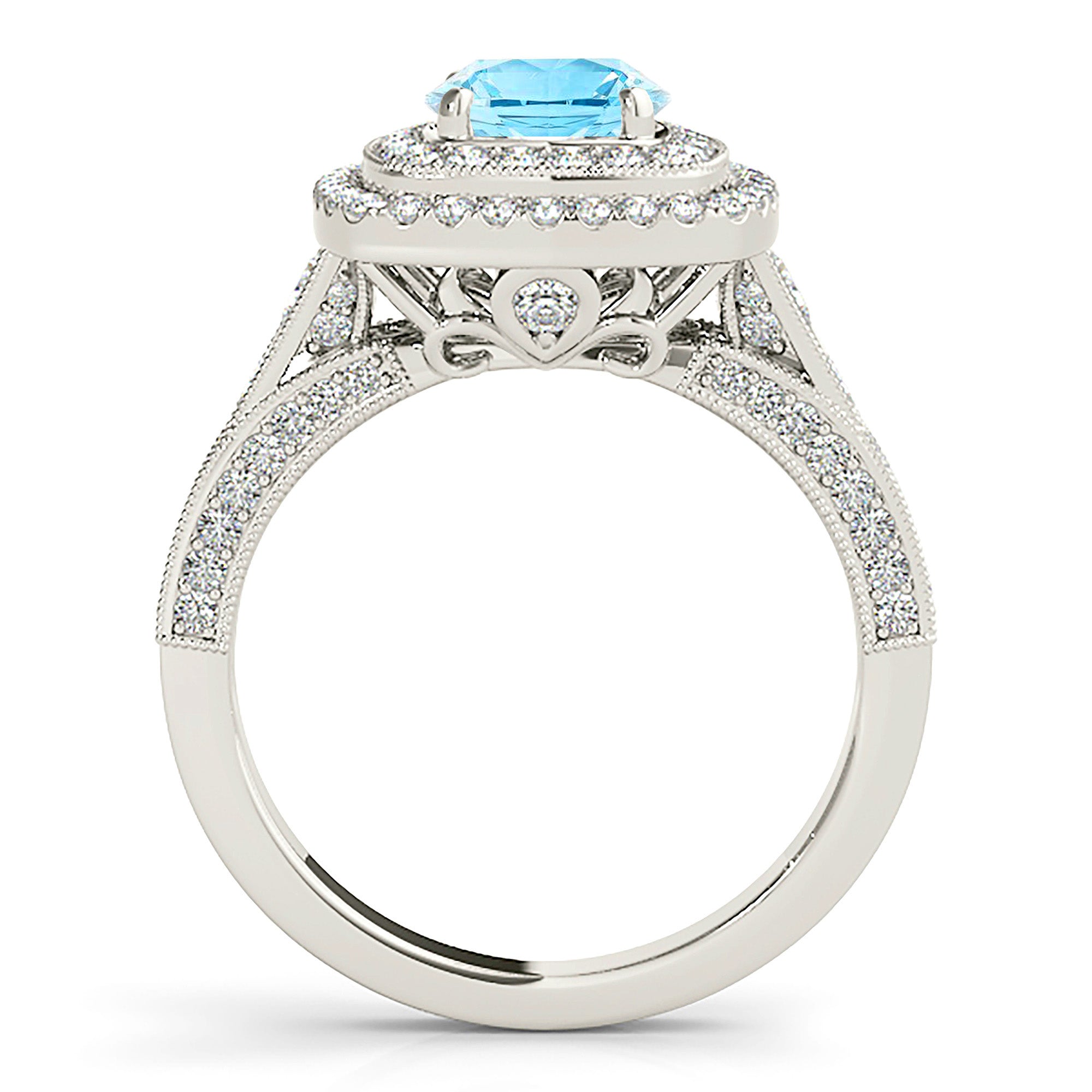 1.10 ct. Genuine Aquamarine Ring With 0.90 ctw. Diamond Double Row Halo And Fancy 3D Diamond Band | Round Blue Aquamarine Halo Ring-VIRABYANI